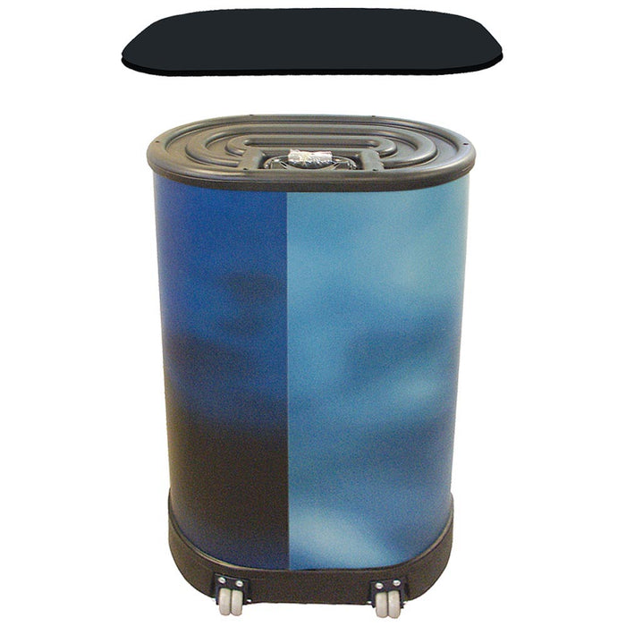 Counter aus Transportkoffer Pop up Messewand mit montierter Tischplatte