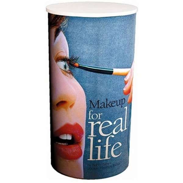 runde messetheke mit vitrine und druck