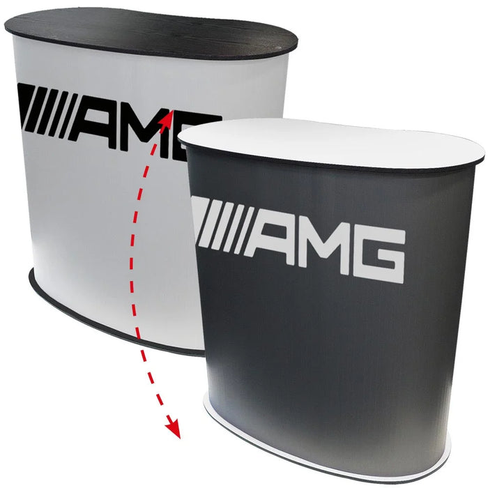 Promotiontheke Panelcounter Curved Oval mit großem Druckpanel für Branding