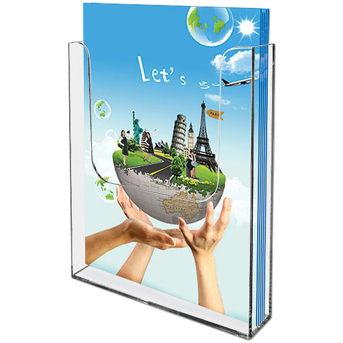 Transparenter Prospekthalter aus Acryl im A4 Hochformat freistehend für Flyer Broschüren und Informationsmaterial für die Wand