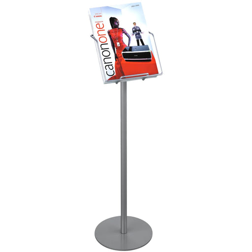 Silberner Prospektständer im DIN A4 Format mit stabilem Rundfuß für Broschüren, Flyer und Magazine in Empfangsbereichen, Verkaufsräumen und auf Messen