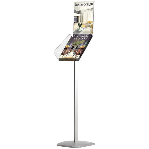 Eleganter Prospektständer Expo aus Aluminium mit integriertem A4 Info-Schild und transparentem Prospektfach für Broschüren, Flyer und Magazine in Empfangsbereichen, Ausstellungen und Verkaufsräumen