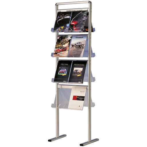 Freistehender Broschürenständer mit 8 A4 Acrylfächern aus Aluminium für Flyer und Magazine im Empfangsbereich