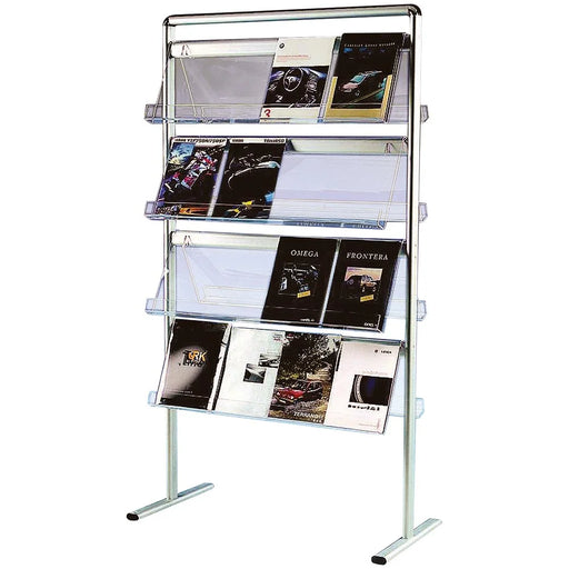 Doppelseitiger Prospektständer Info-Line Mega mit 32 A4 Fächern aus Aluminium und Acryl
