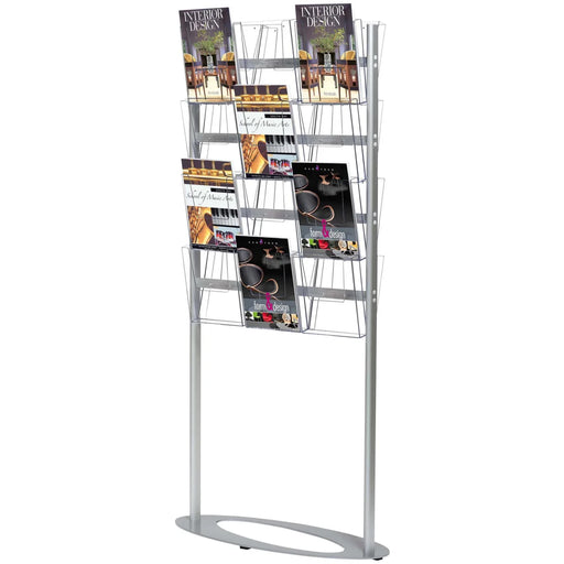 Prospektständer Multiside Ellipse aus Aluminium mit 12 A4 Acrylfächern für Broschüren, Flyer und Informationsmaterialien in Empfangsbereichen, Messen und Showrooms