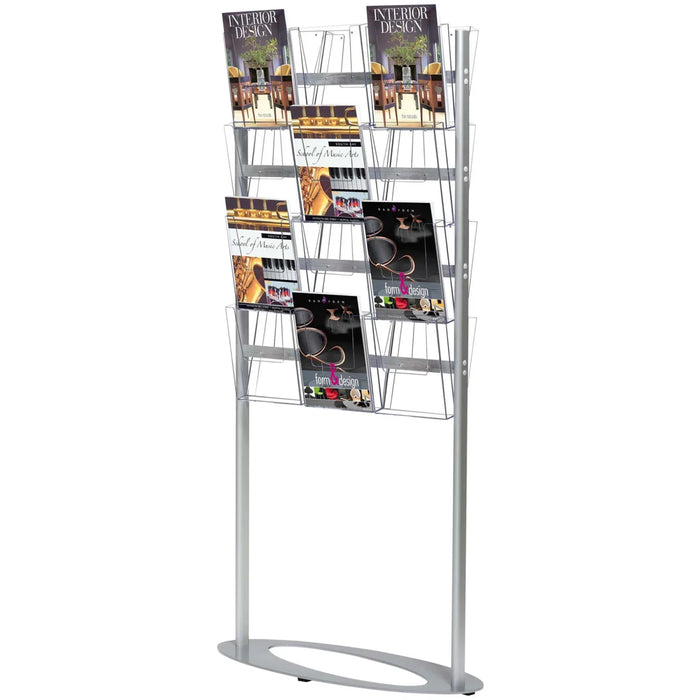 Prospektständer Multiside Ellipse aus Aluminium mit 12 A4 Acrylfächern für Broschüren, Flyer und Informationsmaterialien in Empfangsbereichen, Messen und Showrooms