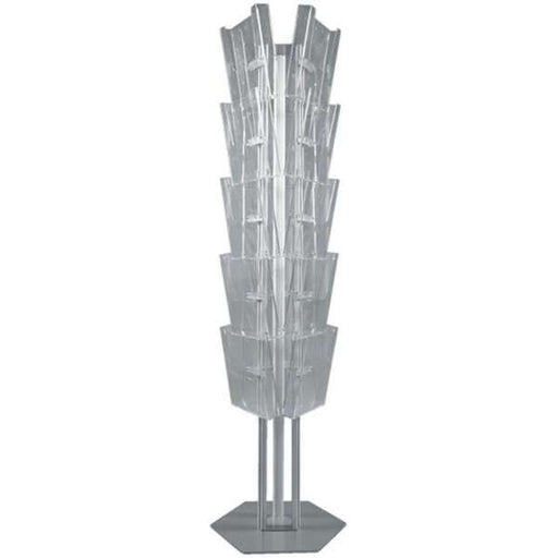 3-seitiger Prospektständer Trio mit 15 A4 Acrylfächern aus Aluminium und stabilem Stahlfuß