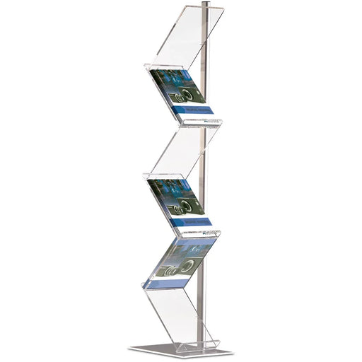 Eleganter Prospektständer Zig-Zag mit 6 A4 Fächern aus Aluminium und transparentem Acryl für Broschüren, Magazine und Flyer in Empfangsbereichen, Ausstellungen und Verkaufsräumen