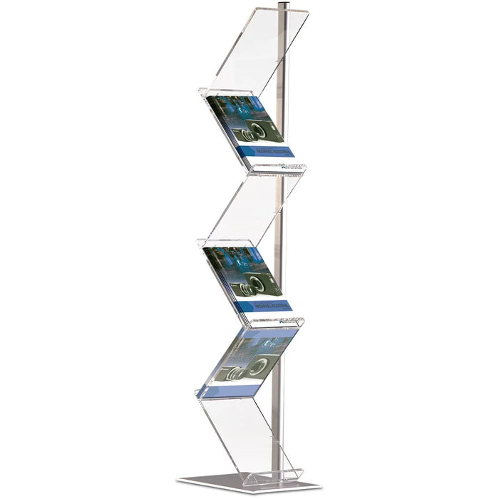 Eleganter Prospektständer Zig-Zag mit 6 A4 Fächern aus Aluminium und transparentem Acryl für Broschüren, Magazine und Flyer in Empfangsbereichen, Ausstellungen und Verkaufsräumen
