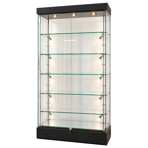 Rahmenlose Glasvitrine in Schwarz mit LED-Beleuchtung, Glasböden und abschließbarer Schiebetür, Frontansicht