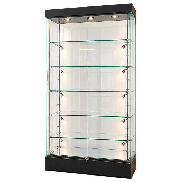 Rahmenlose Glasvitrine in Schwarz mit LED-Beleuchtung, Glasböden und abschließbarer Schiebetür, Frontansicht