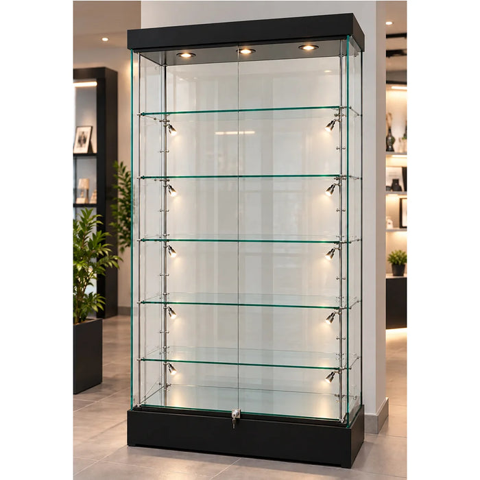 Rahmenlose Glasvitrine mit LED-Spots im Einsatz in einem Verkaufsraum und Showroom