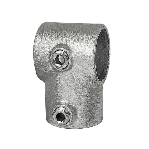 Kurze Rohrschelle aus Stahl als rechtwinkliger Rohrverbinder für Aluminiumrohr mit 48 mm Durchmesser, mit Schrauben