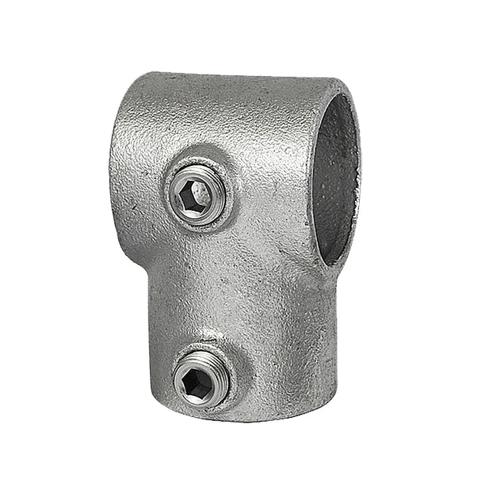 Kurze Rohrschelle aus Stahl als rechtwinkliger Rohrverbinder für Aluminiumrohr mit 48 mm Durchmesser, mit Schrauben