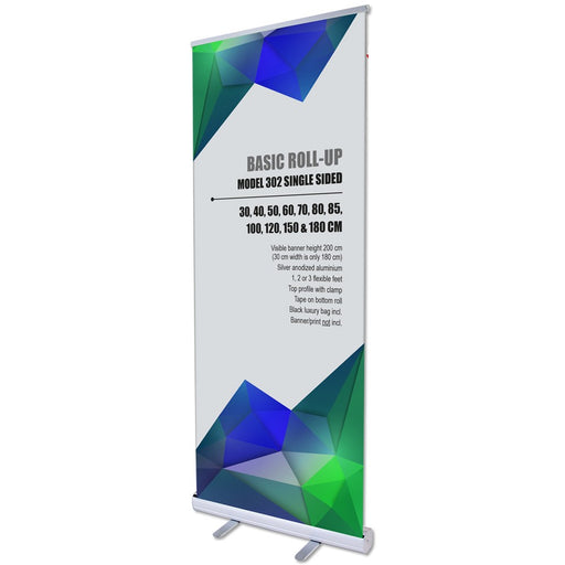 Roll-Up Basic einseitig aus silber eloxiertem Aluminium mit Beispielmotiv