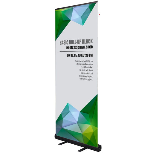 Roll-Up Black einseitig in schwarz eloxiertem Aluminium mit Beispielmotiv