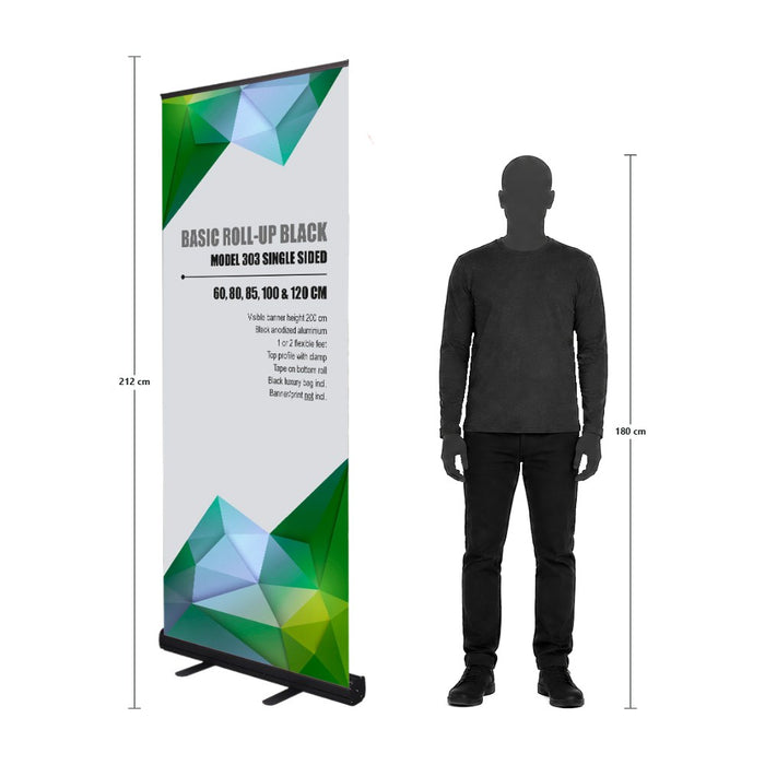 Roll-Up Black im Größenvergleich mit einer Person