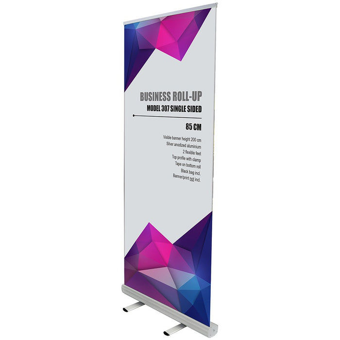 Roll-Up Business einseitig aus silber eloxiertem Aluminium mit Beispielmotiv