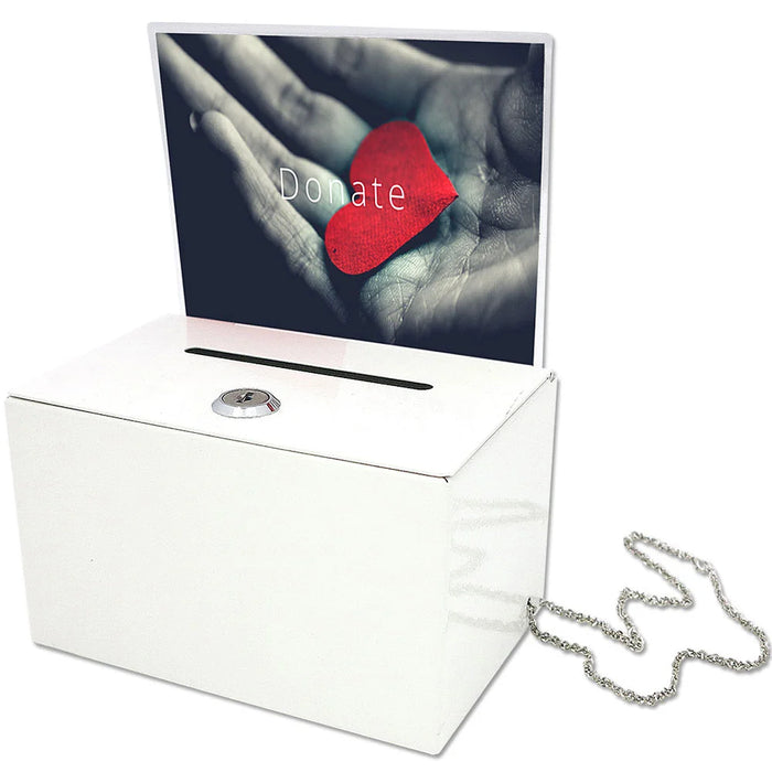 Abschließbare Spendenbox aus Stahl in Weiß für Spendenaktionen