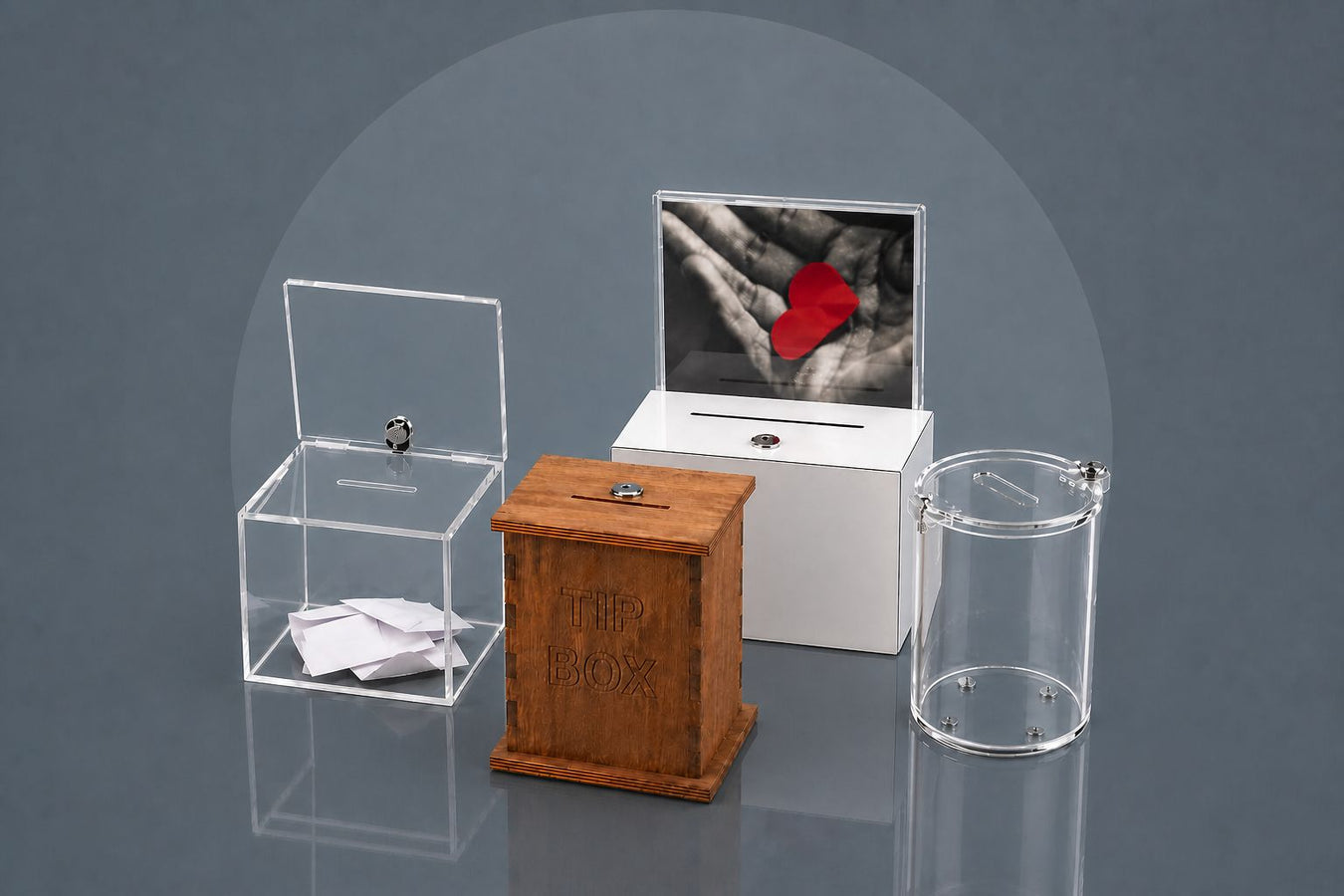 Spendenboxen aus Acryl und Holz abschließbar und diebstahlsicher für Spendenaktionen Gewinnspiele Feedbackkarten und Vereinsaktionen