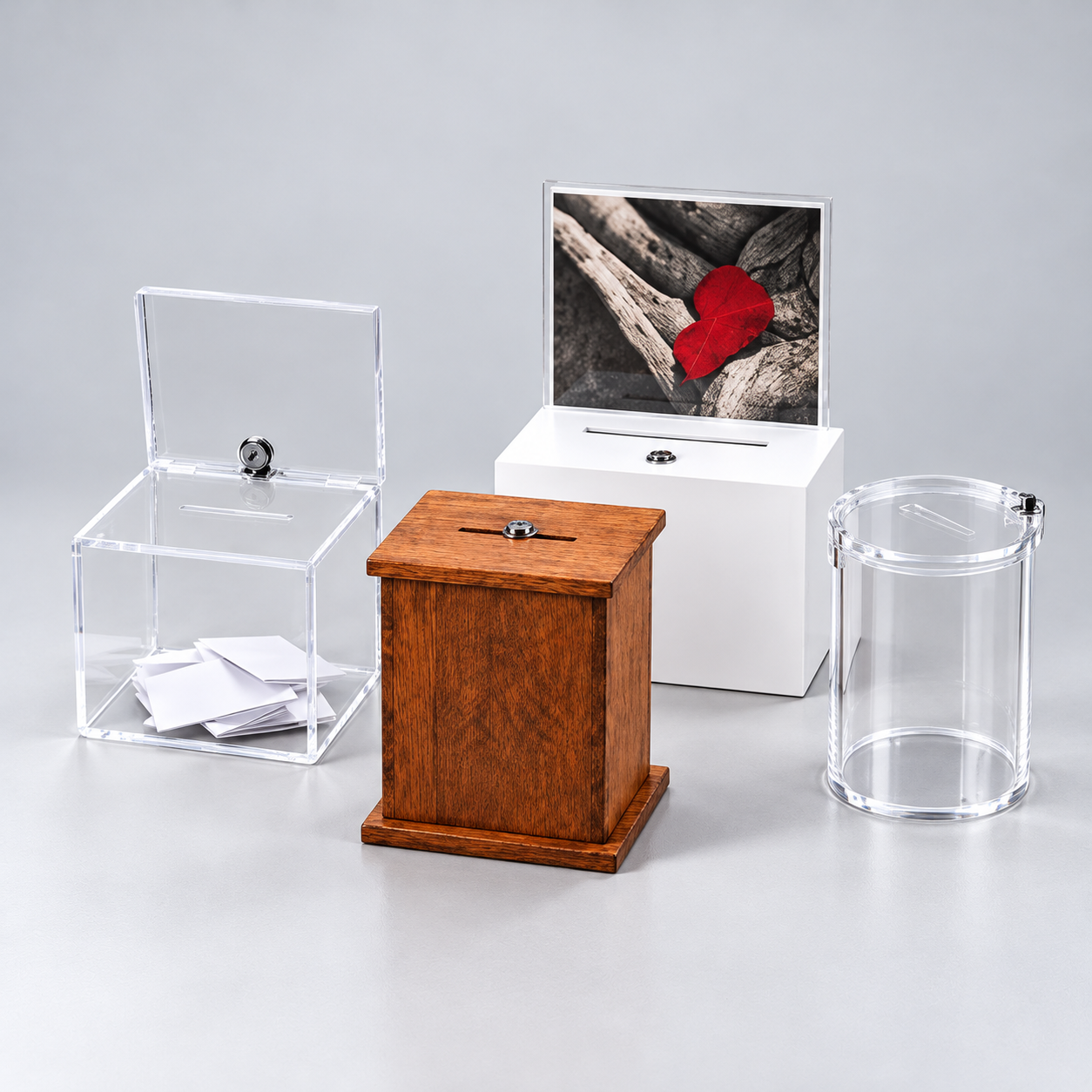 Spendenboxen und Tipboxen aus Holz und Acryl, abschließbar, für Gastronomie, Vereine und Theke