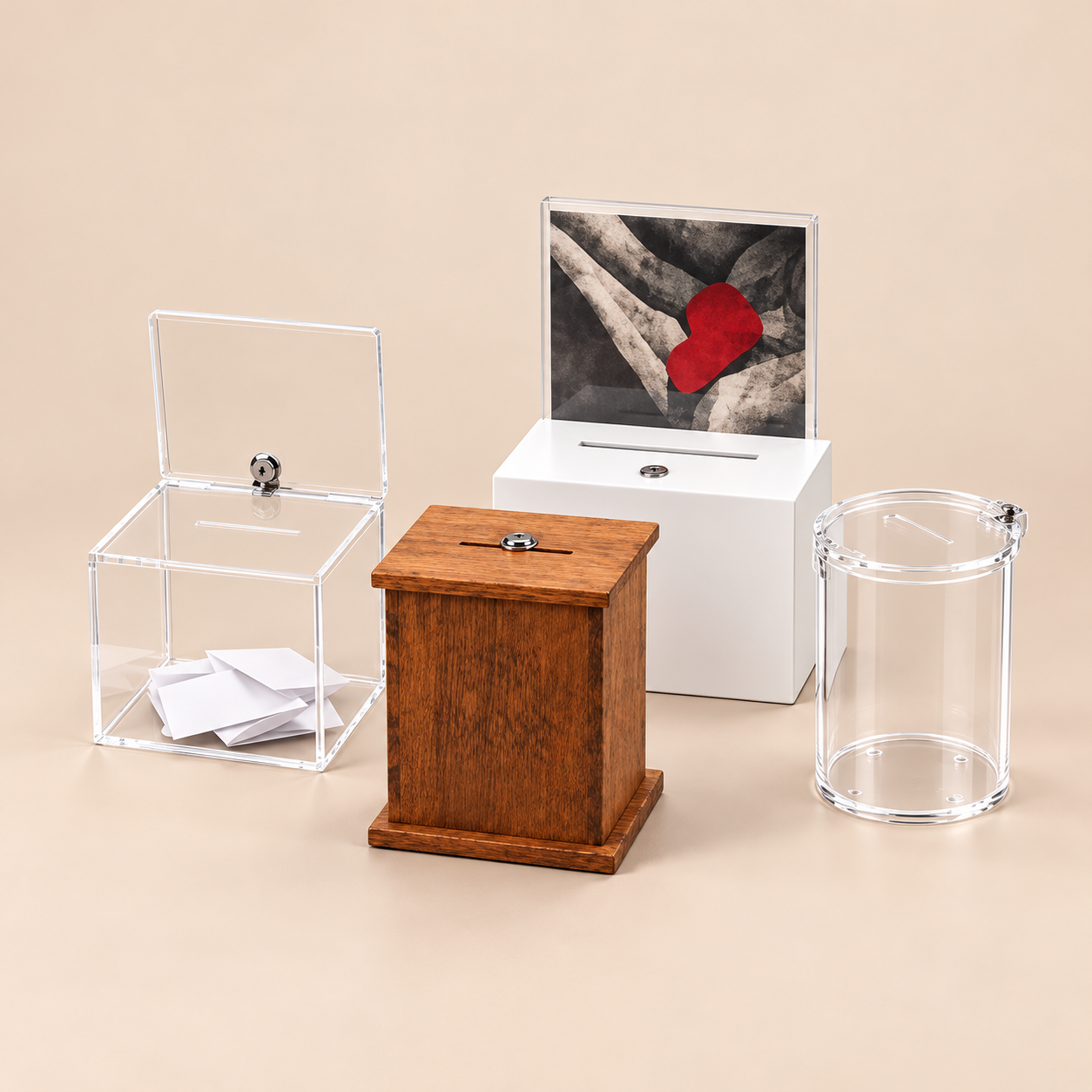 Spendenboxen und Tipboxen aus Holz und Acryl, abschließbar, für Gastronomie, Vereine und Theke