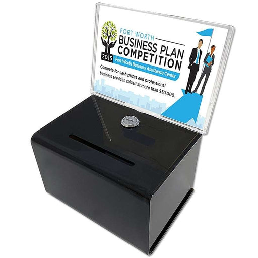 Schwarze Tip- & Spendenbox aus Acryl mit Infohalter – abschließbar, vielseitig als Spendenbox, Wahlurne oder Losbox einsetzbar