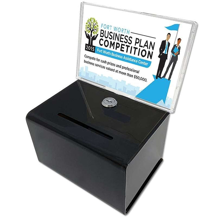 Schwarze Tip- & Spendenbox aus Acryl mit Infohalter – abschließbar, vielseitig als Spendenbox, Wahlurne oder Losbox einsetzbar