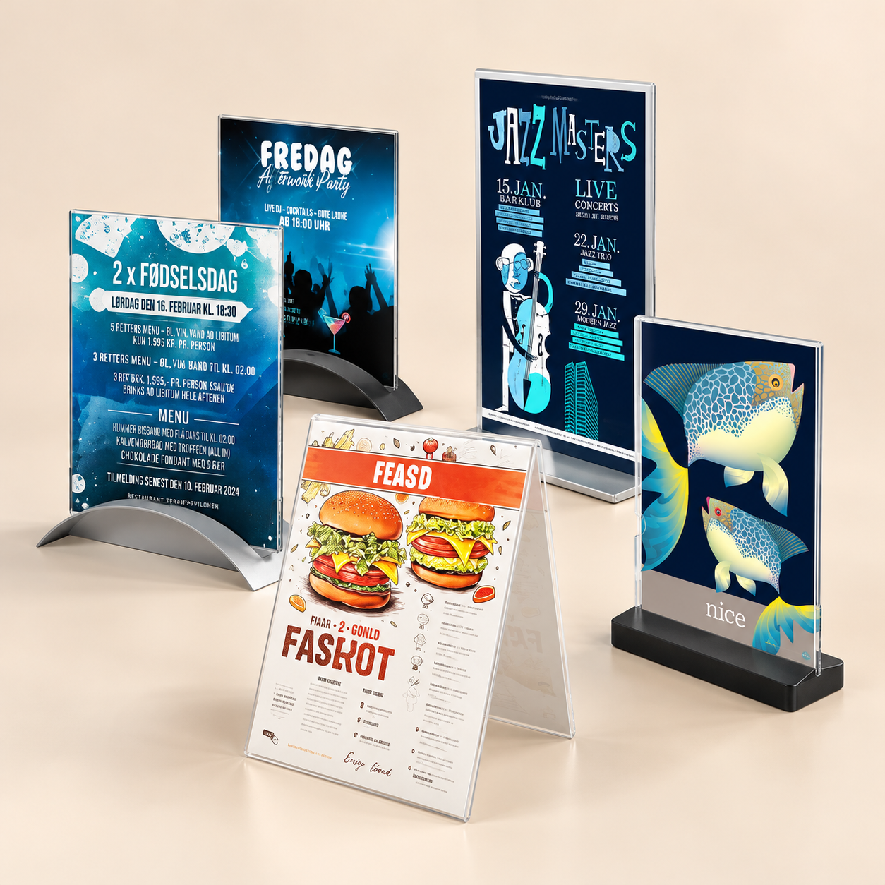 Tischaufsteller und Menühalter aus Acryl mit Speisekarten und Plakaten für Gastronomie, Theke und Tisch
