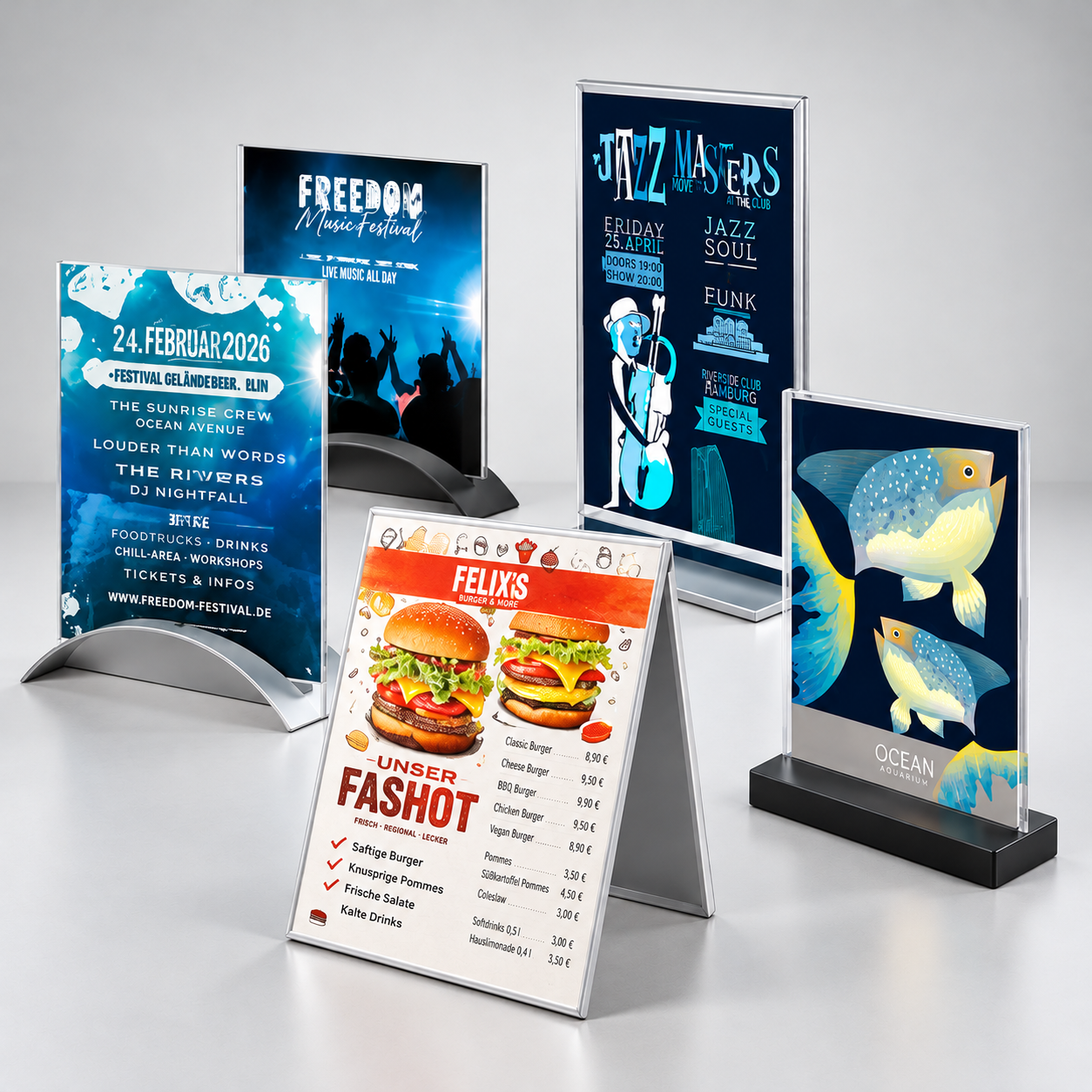 Tischaufsteller und Menühälter mit Speisekarten und Plakaten für Gastronomie, Theke und Tisch