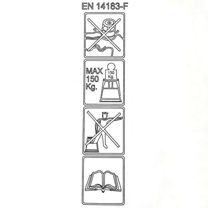 Piktogramme zu Tragkraft 150 kg und Sicherheitshinweisen des Tritthockers