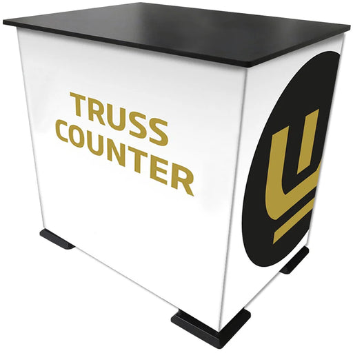 Truss Counter Rechteck 125x65 cm schwarze Messetheke aus Truss 15 System mit Werbebanner
