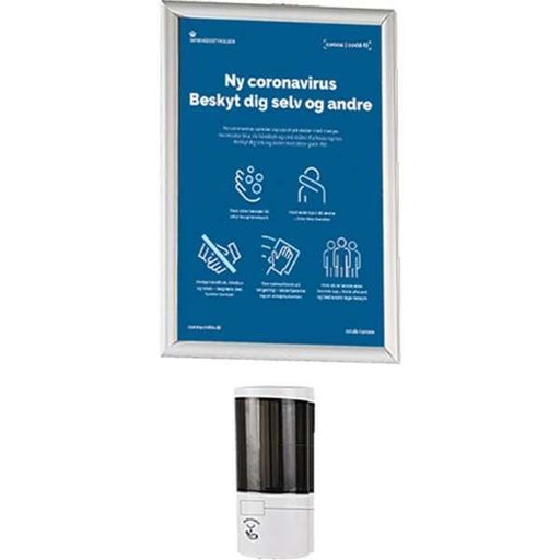 Wand-Desinfektionsstation mit Sensor-Spender 500 ml und Klapprahmen A4/A3 mit Hinweisplakat