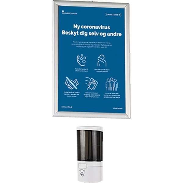 Wand-Desinfektionsstation mit Sensor-Spender 500 ml und Klapprahmen A4/A3 mit Hinweisplakat