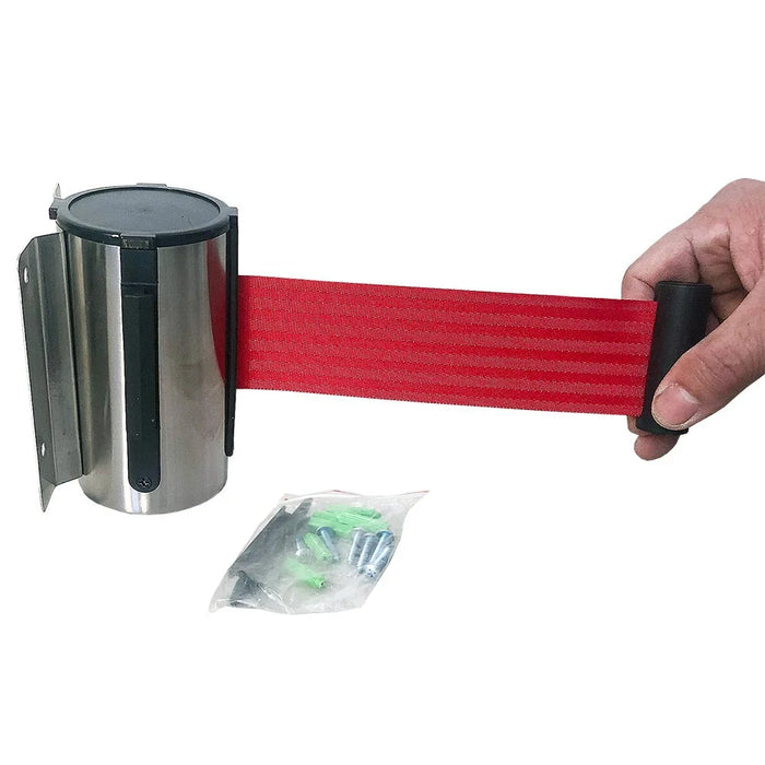 Wand-Gurtspender mit selbstaufrollendem 3 Meter Absperrgurt inklusive Befestigungsmaterial für die Wandmontage