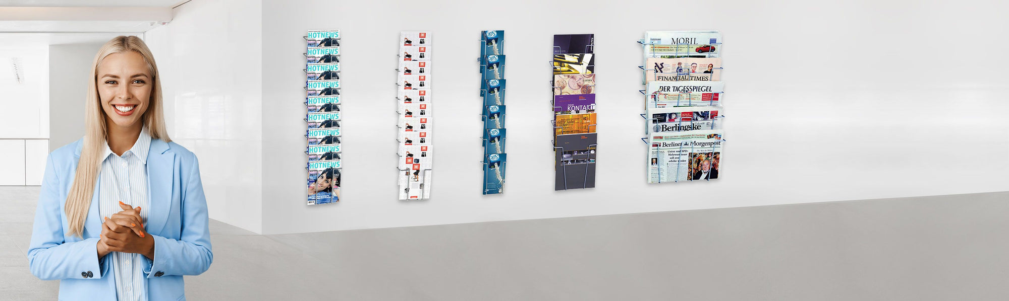Wand‑Prospekthalter aus Draht für Broschüren, Flyer und Zeitungen – ideal für Büros, Messen, Behörden & Wartezimmer.
