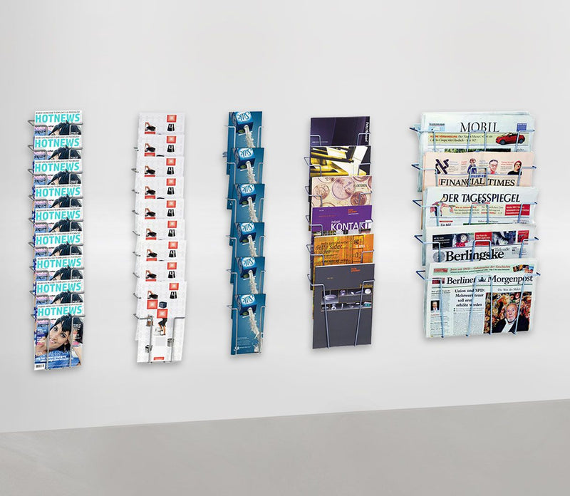 Wand‑Prospekthalter aus Draht für Broschüren, Flyer und Zeitungen – ideal für Büros, Messen, Behörden & Wartezimmer.