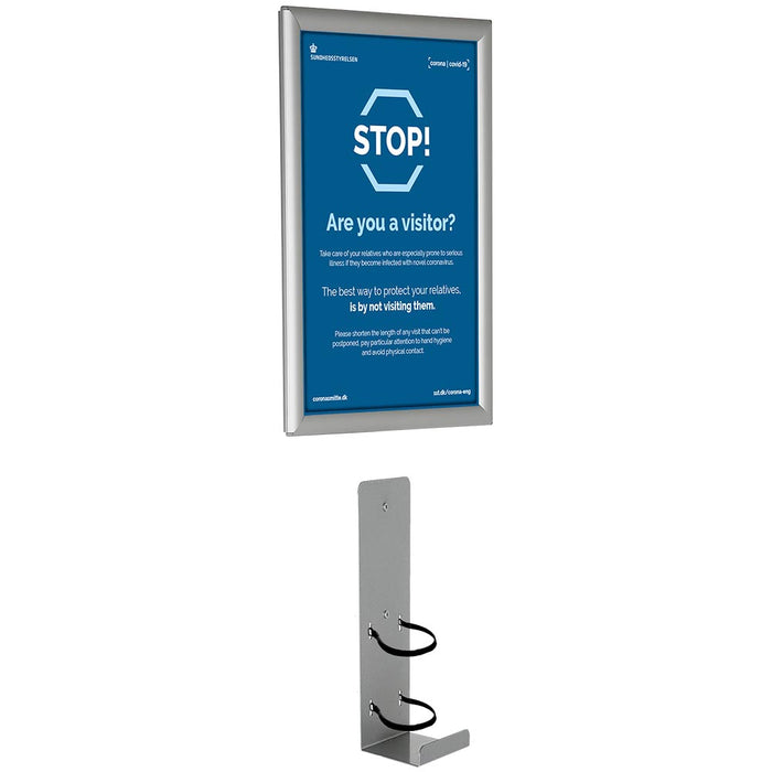 Wandhalterung für Desinfektionsmittel mit Klapprahmen A3 im Set, Aluminium und Metall