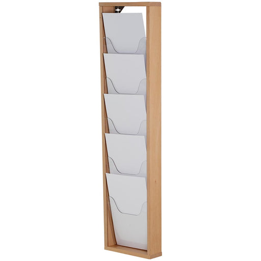 Wandprospekthalter aus Buchenholz für 5xA4, ideal für Broschüren, Magazine und Mitarbeiterablage im Büro