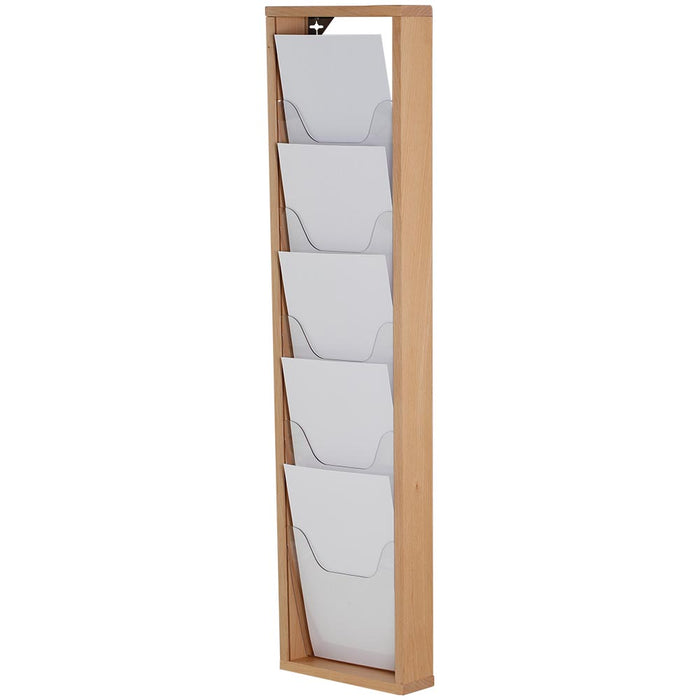 Wandprospekthalter aus Buchenholz für 5xA4, ideal für Broschüren, Magazine und Mitarbeiterablage im Büro
