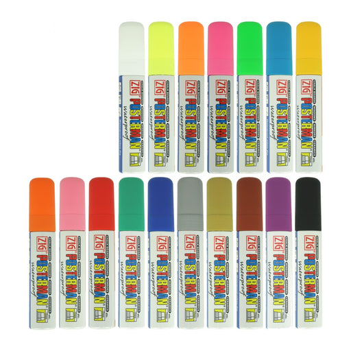 ZIG Posterman 15 mm Plakatmarker in 17 Farben: Weiß, Leuchtgelb, Leuchtorange, Leuchtpink, Leuchtgrün, Hellblau, Sonnengelb, Orange, Pink, Rot, Dunkelgrün, Dunkelblau, Silber, Gold, Braun, Violett und Schwarz