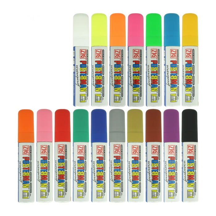 ZIG Posterman 15 mm Plakatmarker in 17 Farben: Weiß, Leuchtgelb, Leuchtorange, Leuchtpink, Leuchtgrün, Hellblau, Sonnengelb, Orange, Pink, Rot, Dunkelgrün, Dunkelblau, Silber, Gold, Braun, Violett und Schwarz