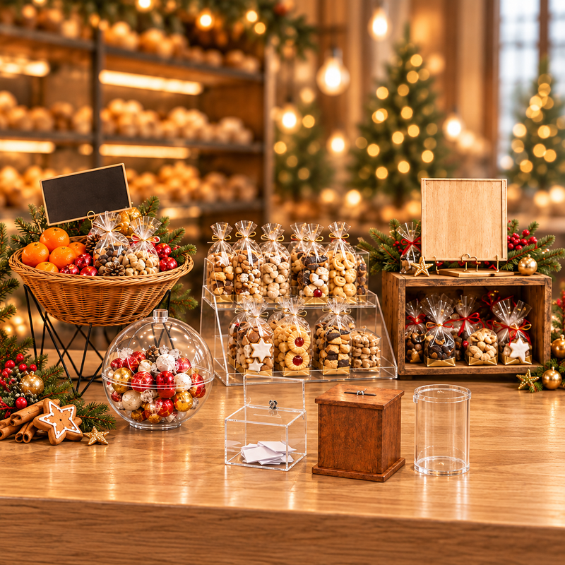 Weihnachtsgeschäft an der Kasse: Plätzchentüten im Thekenpräsenter, Kugelschütte, Spendenbox und Aktionsständer