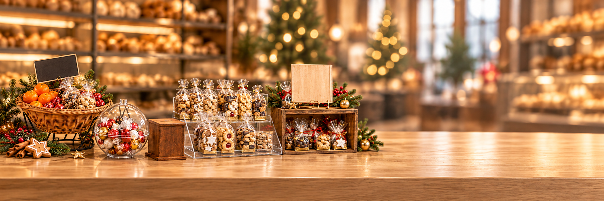 Weihnachtsgeschäft: Thekenpräsenter mit Plätzchentüten, Kugelschütte, Spendenbox und Aktionsständer auf der Theke
