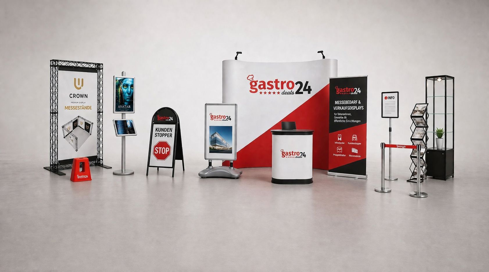 Werbemittel und Displays für Gewerbe Einzelhandel Gastronomie mit Messewänden Kundenstoppern Infoständern Prospekthaltern Klapprahmen und Präsentationssystemen von gastro deals24