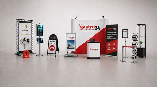 Werbemittel und Displays für Gewerbe Einzelhandel Gastronomie mit Messewänden Kundenstoppern Infoständern Prospekthaltern Klapprahmen und Präsentationssystemen von gastro deals24