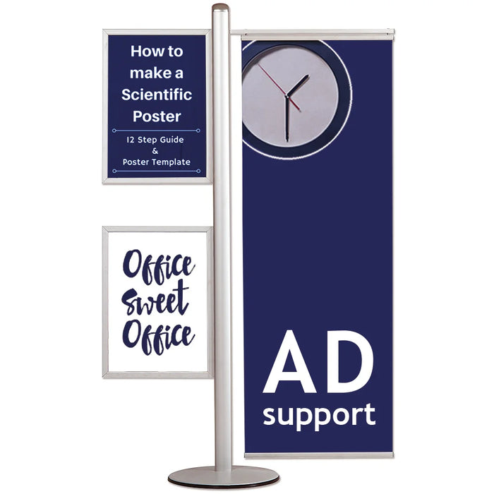 Werbeständer mit 2 DIN A2 Plakatrahmen und 50 cm Bannerschiene aus Aluminium für professionelle Werbung im Innenbereich.