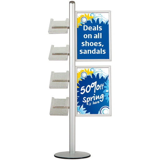 Werbeständer aus Aluminium mit zwei DIN A2 Plakatrahmen und vier DIN A4 Prospekthaltern für professionelle Werbung und Produktpräsentationen