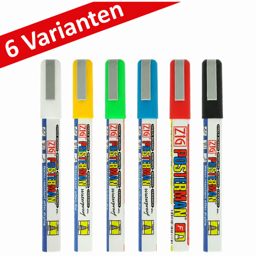 ZIG Posterman Plakatmarker mit 1-mm-Rundspitze in Weiß, Gelb, Grün, Blau, Rot und Schwarz für feine Beschriftungen
