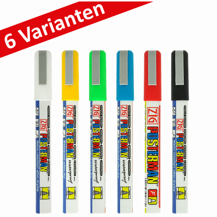 ZIG Posterman Plakatmarker mit 1-mm-Rundspitze in Weiß, Gelb, Grün, Blau, Rot und Schwarz für feine Beschriftungen